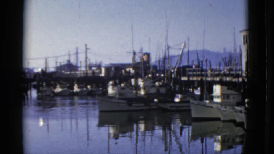 1952 San Francisco marina view with small boats clustered near piers and hills beyond the waterfront.