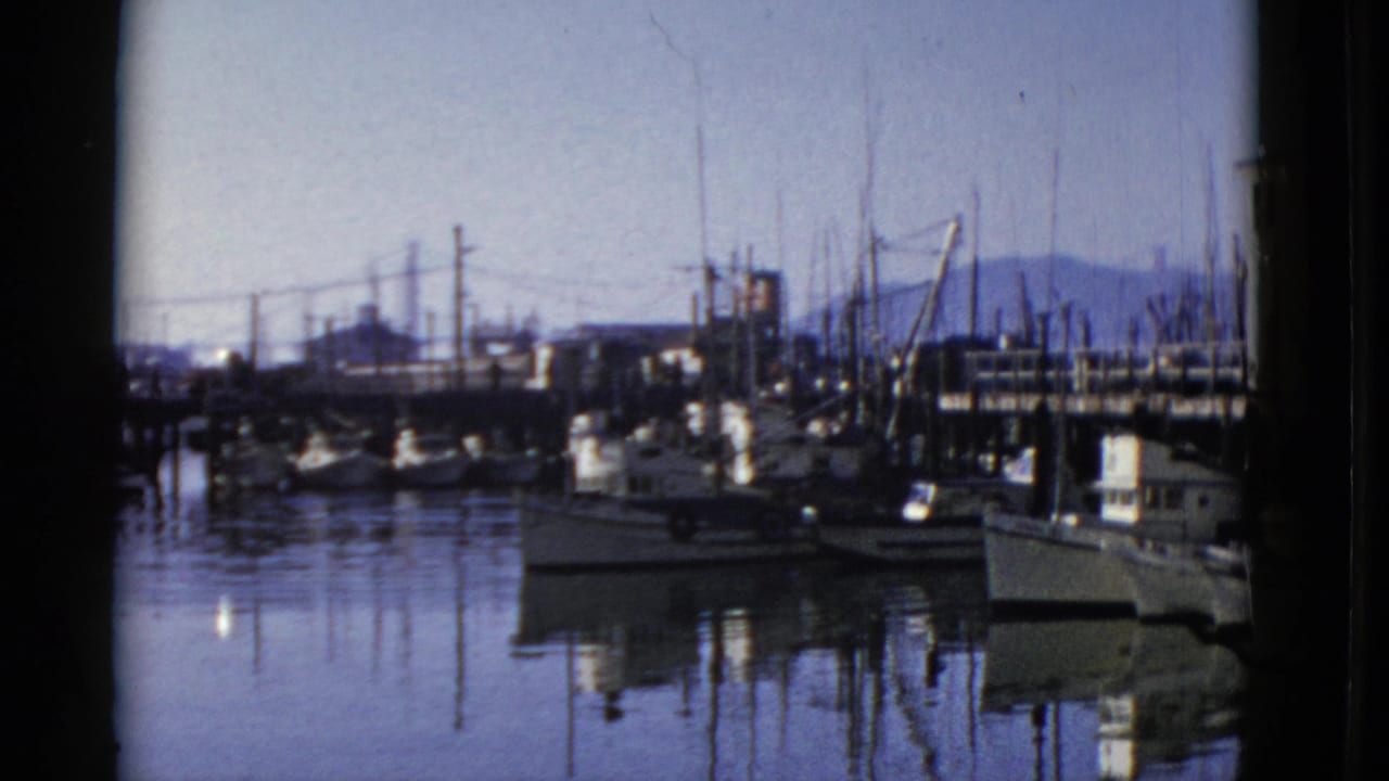 1952 San Francisco marina view with small sailboats at docks, mast reflections, waterfront structures, and hills beyond.