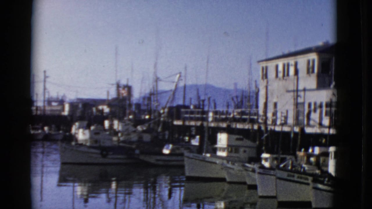 1952 San Francisco harbor view with small fishing boats lined along a dock, masts rising near a light-colored pier building.