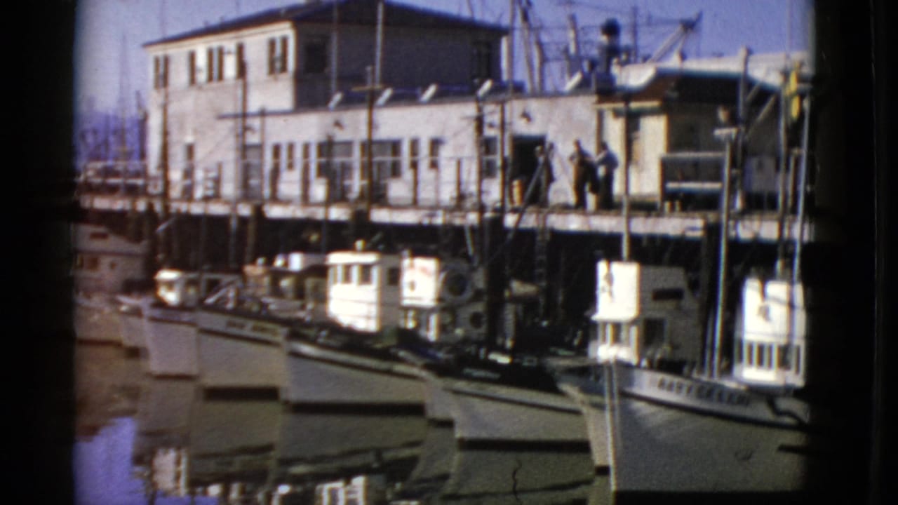 1952 San Francisco harbor view with small fishing boats moored beneath a white pier building and people on the walkway.