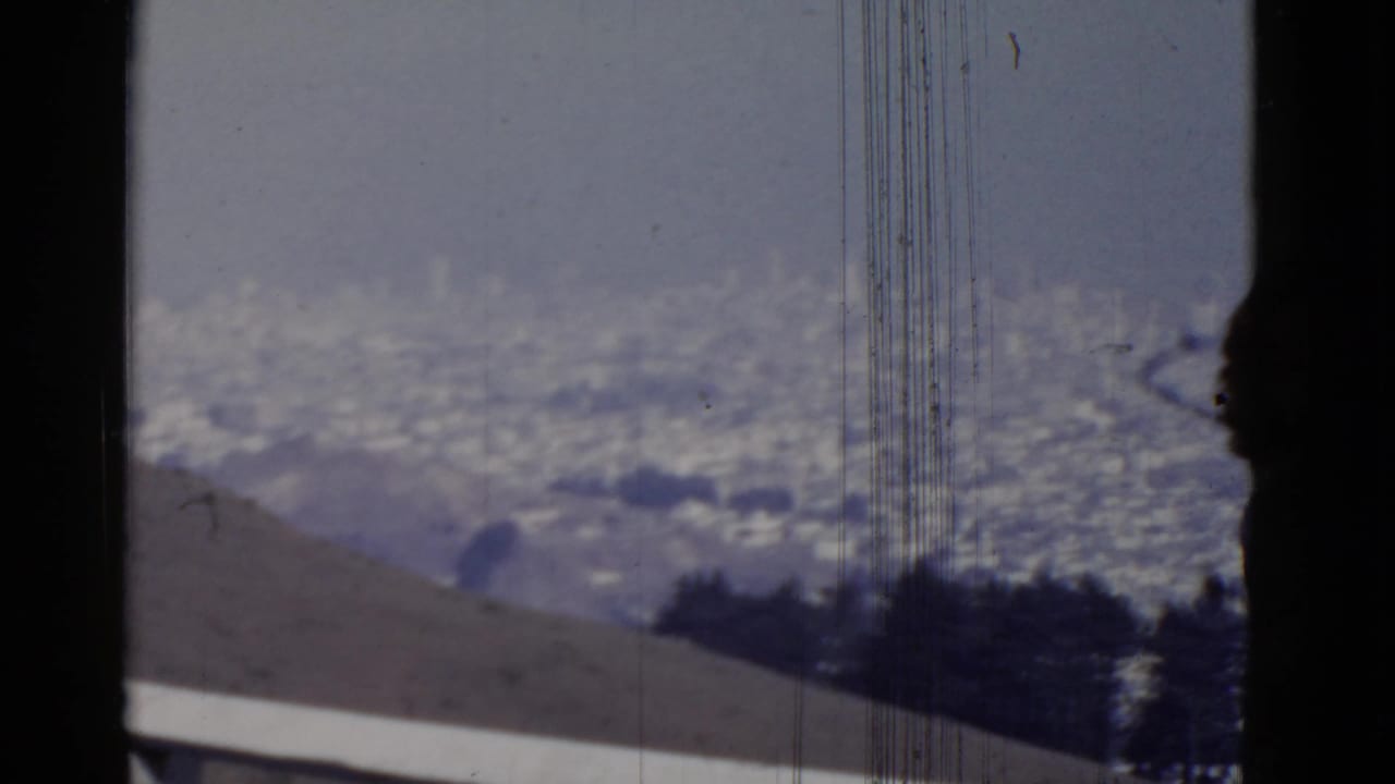 Hazy city panorama seen from a hillside, with dark trees and film frame edges visible.
