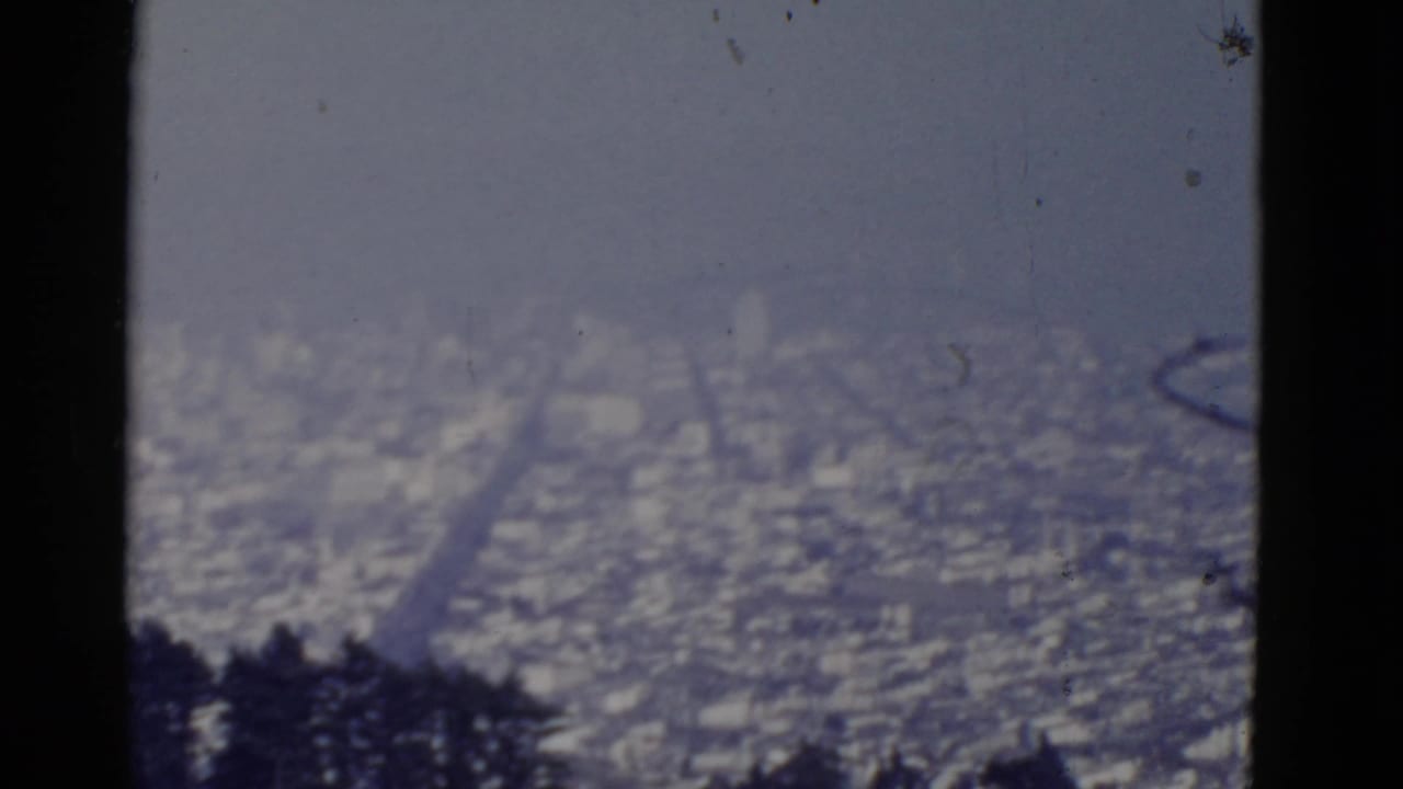 San Francisco cityscape in soft 8mm color, with a straight corridor through the urban grid and dark trees along the lower frame.