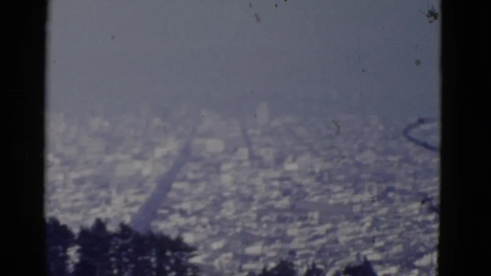 San Francisco cityscape in soft 8mm color, with a straight corridor through the urban grid and dark trees along the lower frame.