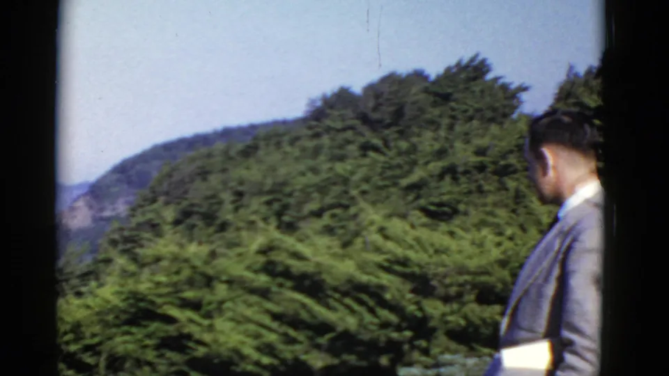 In 1952 San Francisco Bay footage, a suited adult man stands at a hillside overlook with trees, water, and distant landforms beyond.