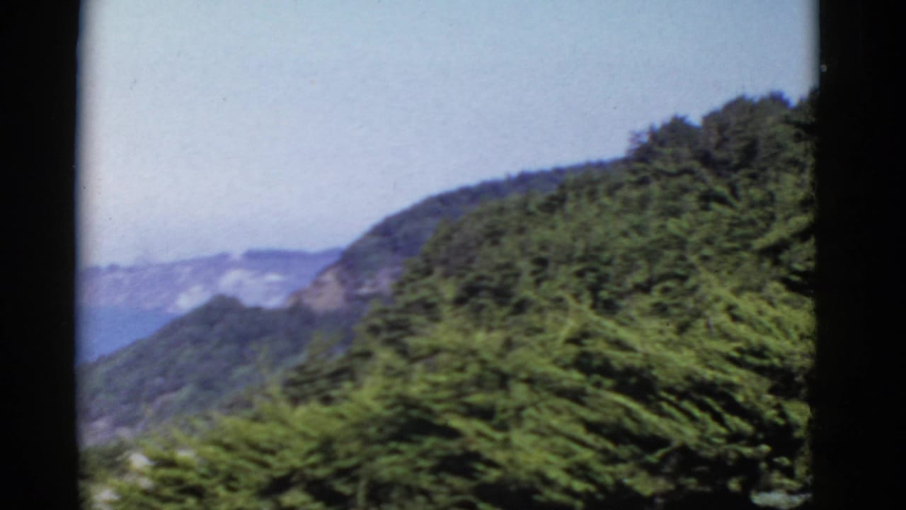 Green hillside and distant bay seen under a hazy blue sky.