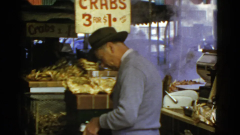 Mid-century San Francisco crab stand scene with a suited customer, steaming seafood, and hand-painted crab price signs.