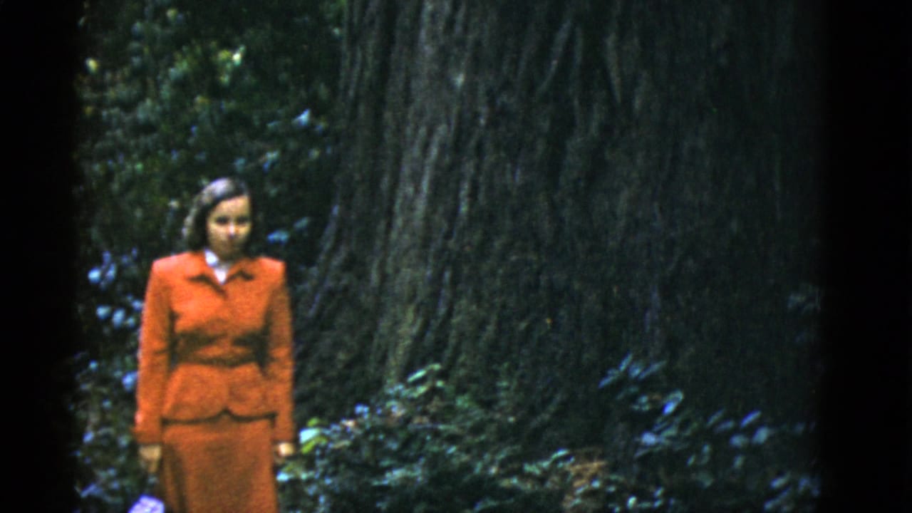 Woman in a red suit standing beside a very large tree trunk.