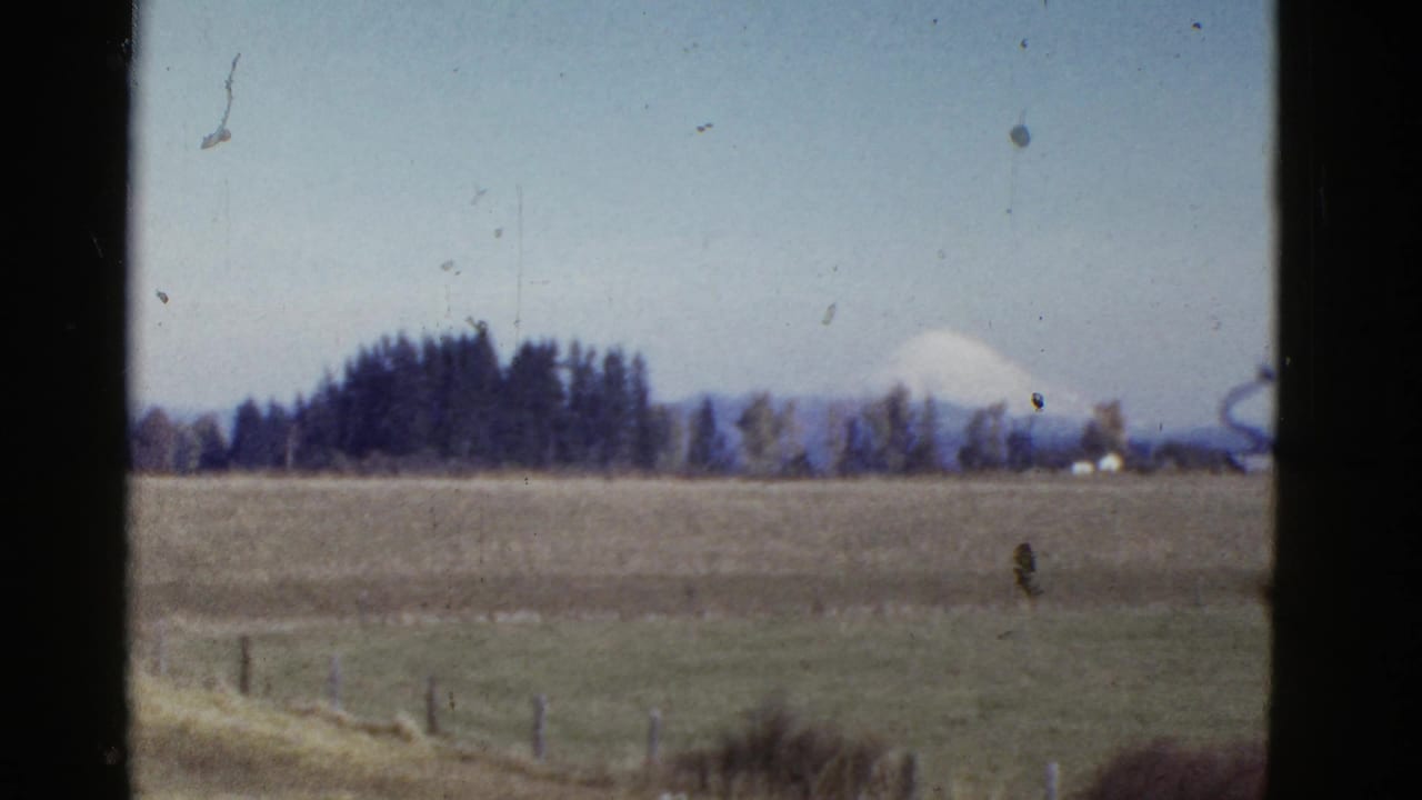 Rural landscape from the travel footage, showing fields, a fence line, trees, and a distant snow-capped mountain against a pale sky.