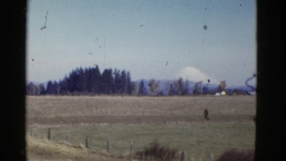 Rural landscape from the travel footage, showing fields, a fence line, trees, and a distant snow-capped mountain against a pale sky.