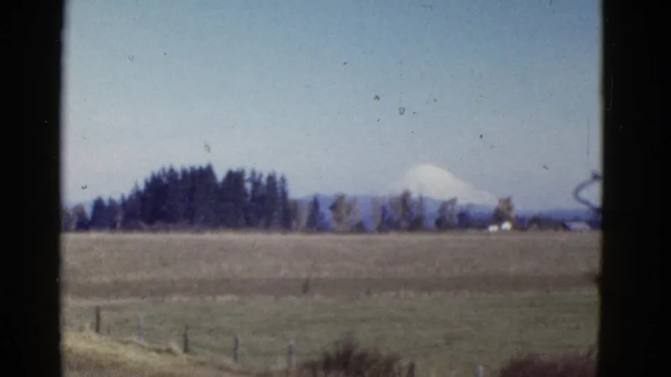 Wide 8mm travel view of rural fields and a fence line, with trees and a distant snow-capped mountain softened by film grain.