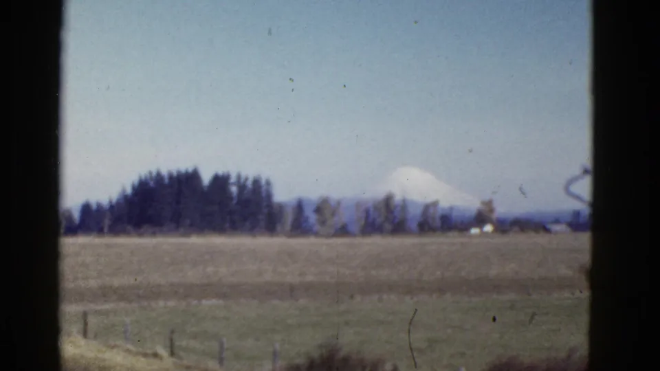 Later frame of the same rural road view, with open field, low fence posts, evergreens, and a distant mountain visible through faded 8mm color.