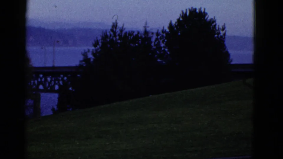1950s San Francisco home-movie view through a dark window frame toward a grassy slope, trees, water, and a distant bridge.