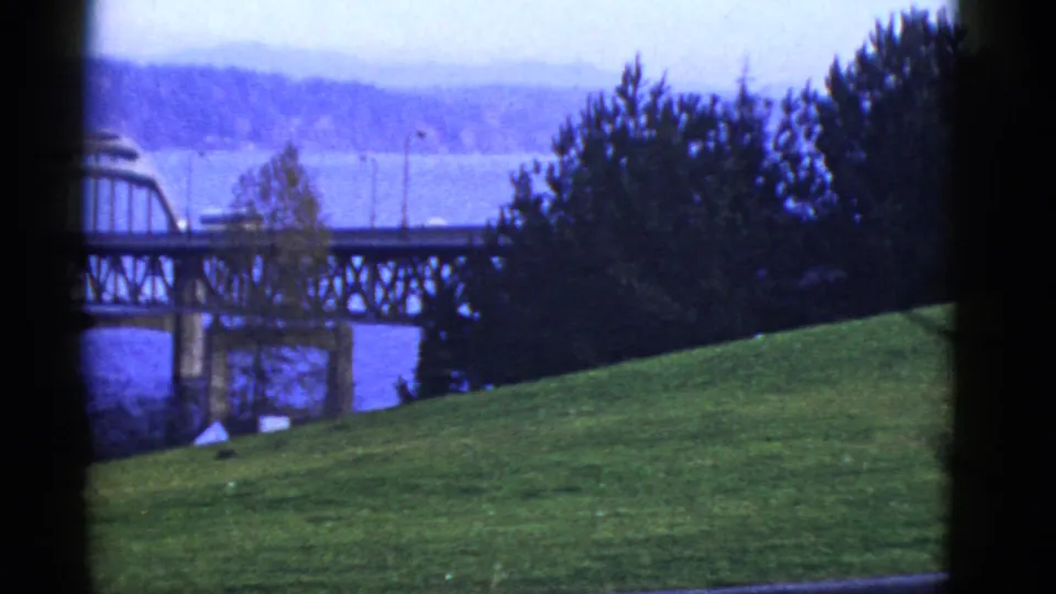 Early 1950s San Francisco-area view of a bridge crossing water, framed by dark edges with trees and a grassy slope in front.
