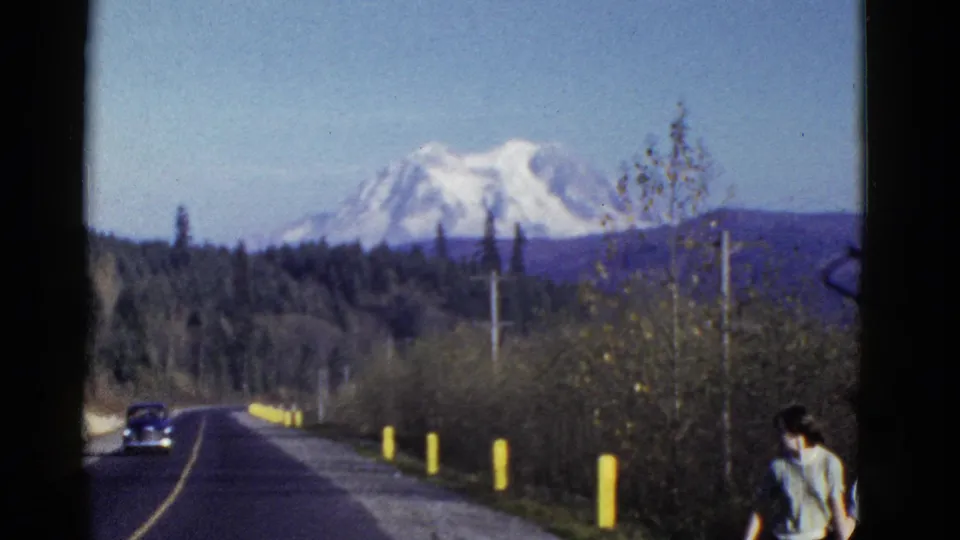 8mm frame of a road approaching a forested area, with yellow roadside posts, a distant snow-capped mountain, and a person at frame edge.