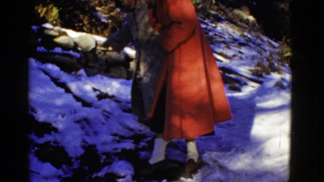 Early 1950s 8mm frame showing two adults close together on icy ground in a snowy wooded setting associated with the clip metadata.