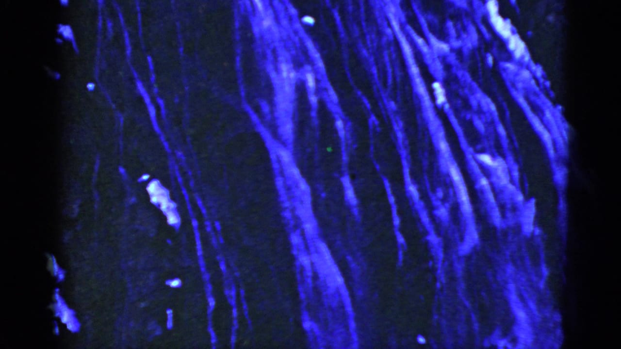 Glowing blue bands curve downward beside scattered bright spots on black.