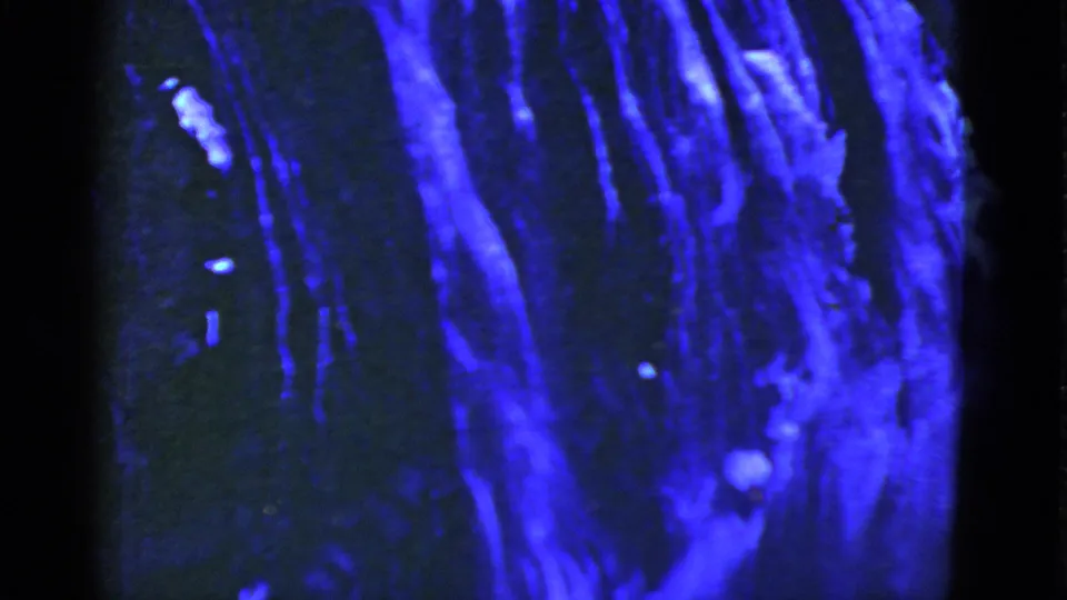 A dark 8mm frame shows dense blue cascading streaks, pale reflective marks, and heavy film grain.