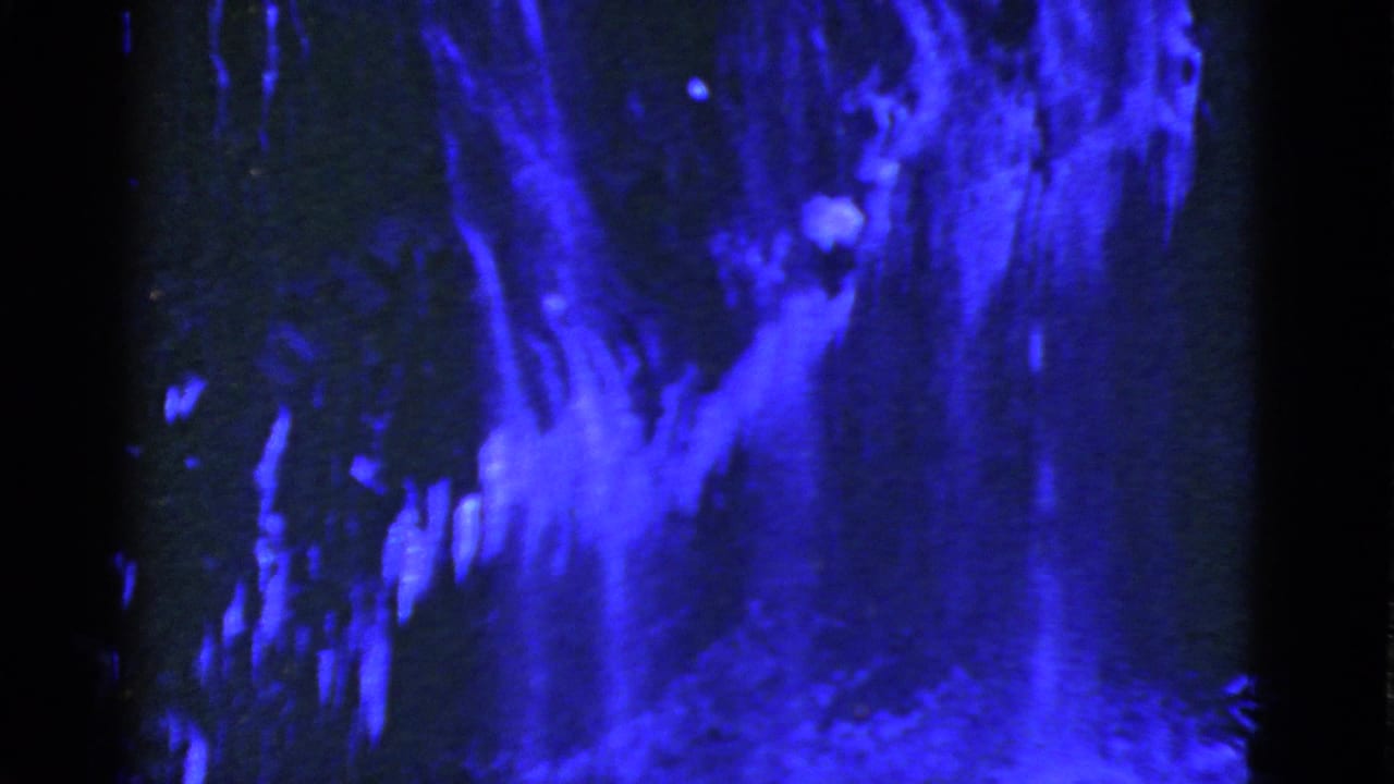Blue-shifted 1952 8mm frame from San Francisco-linked footage showing a snowy slope and dark foreground shadows.