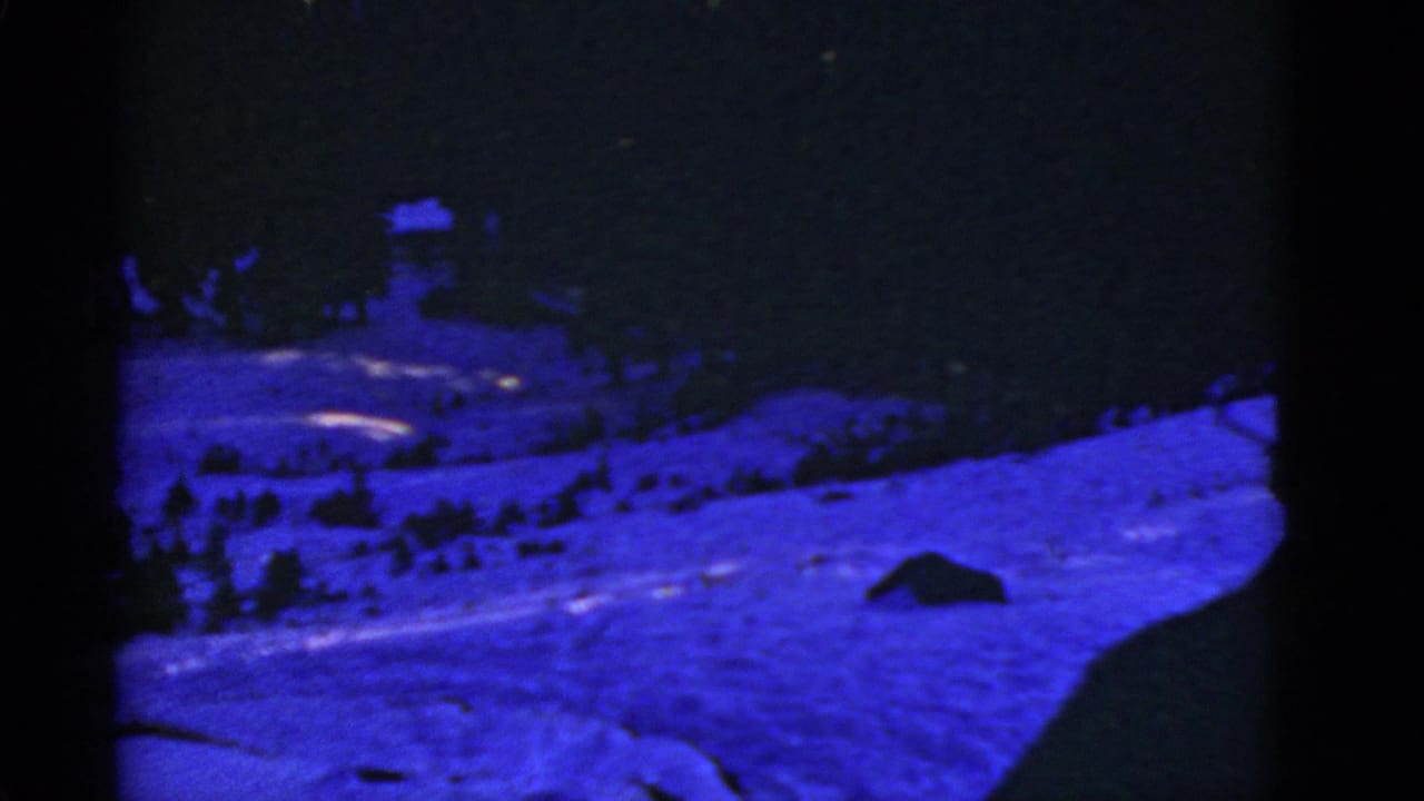 Handheld 8mm view across a snowy slope with evergreen trees and part of a person at the frame edge.