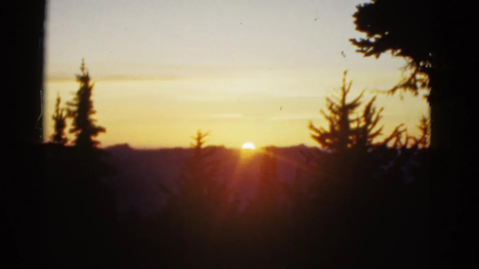 Listed 1952 California 8mm frame showing a yellow sunset over shadowed hills, with evergreen trees silhouetted in the foreground.