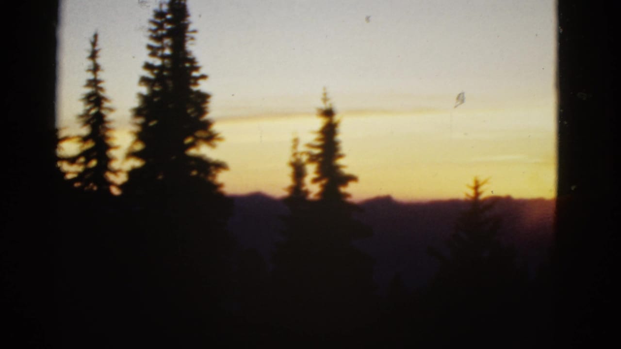 1950s 8mm frame with conifer silhouettes, a fading golden sky, and a low mountain ridge in deep shadow.