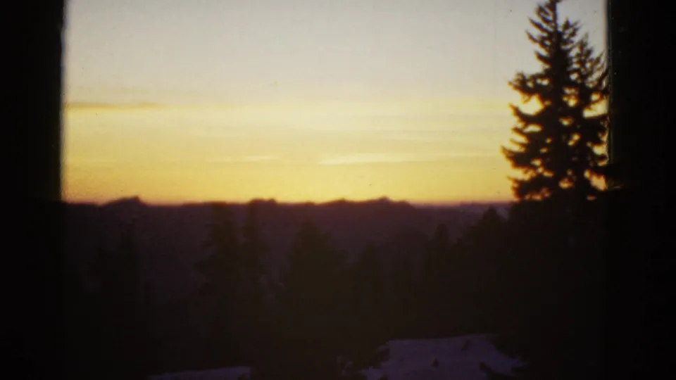 Early-1950s 8mm frame of a soft, warm sunset landscape with an evergreen tree and dark foreground shapes.