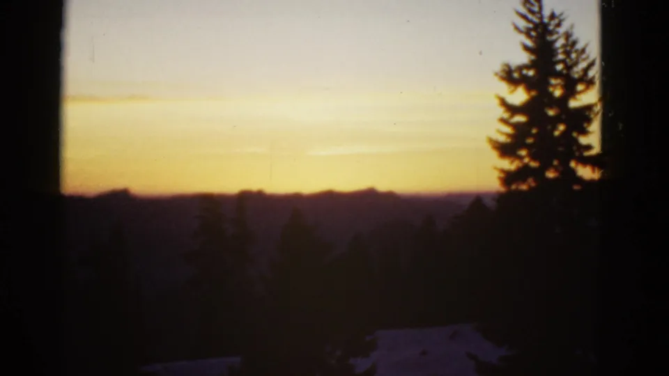 1950s 8mm-style view of a golden sunset behind a forested mountain range, framed by dark evergreen trees and film edges.
