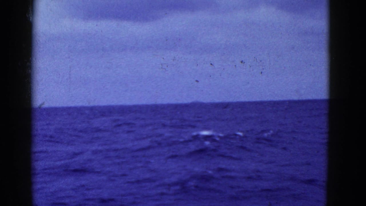 Open blue water with small wave highlights below a muted cloudy sky.