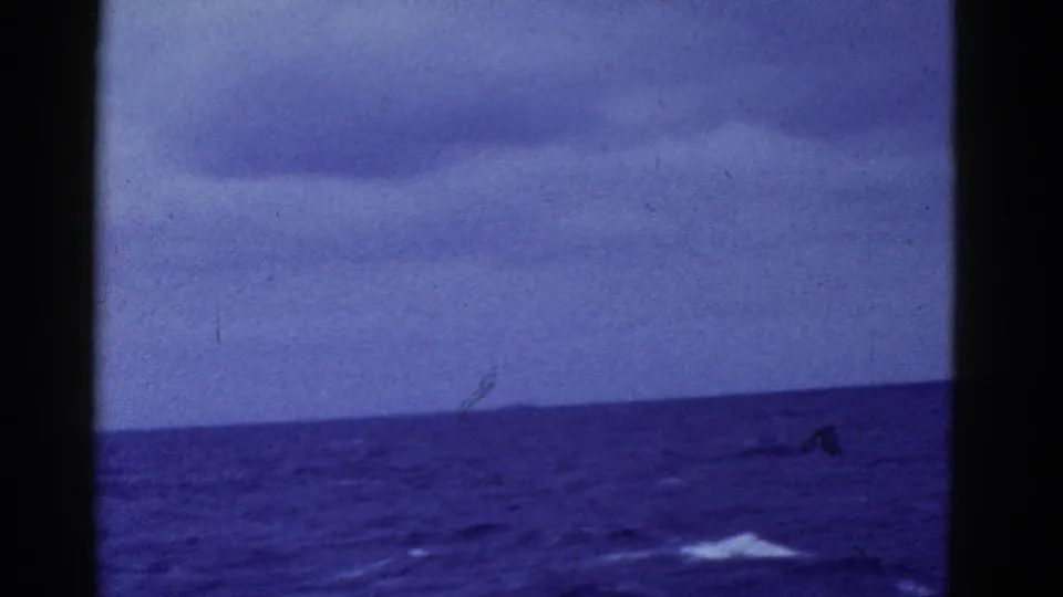 1952 8mm shipboard view near San Francisco with open sea, low clouds, distant horizon, and a small white wake on the surface.