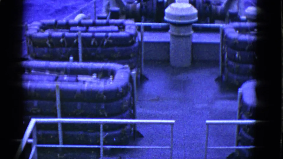 Final blue-tinted 8mm frame of ship deck equipment, railings, stacked rafts, and water beyond, framed by dark film edges.