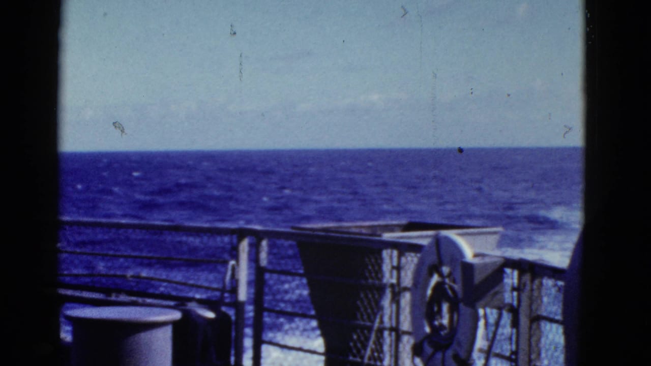 Ship railings, life preserver, and ocean horizon seen from the deck.