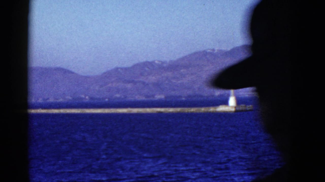 Blue water and distant hills seen past a dark vertical obstruction, with a small lighthouse on a pier.