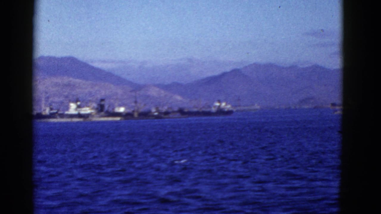 Large ships near a distant shore with mountains behind blue water.