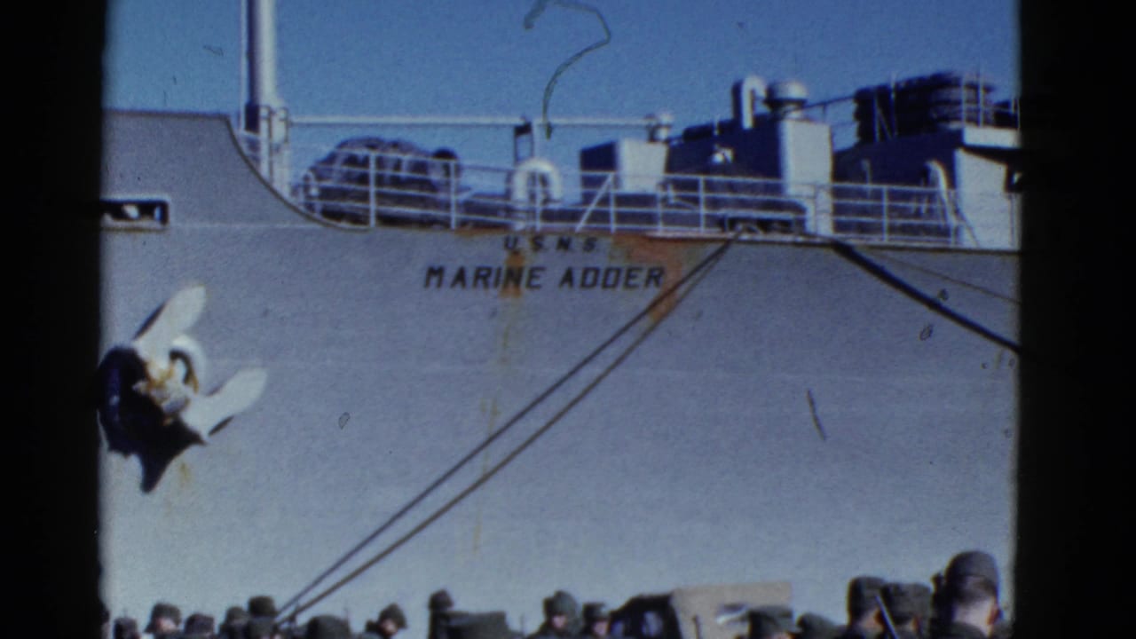 1952 San Francisco view of the Marine Adder ship name on the hull, anchor and rigging, with uniformed personnel along the lower edge.