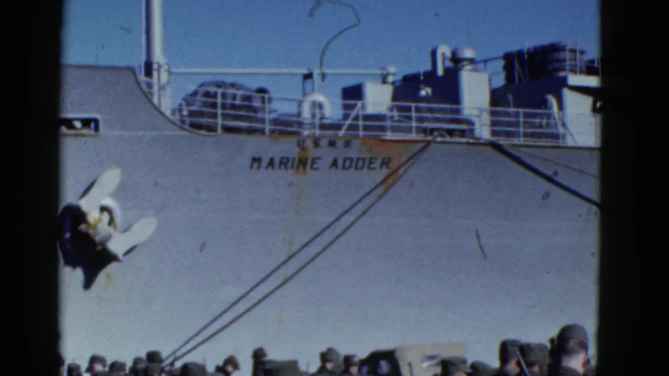 1952 San Francisco view of the Marine Adder ship name on the hull, anchor and rigging, with uniformed personnel along the lower edge.