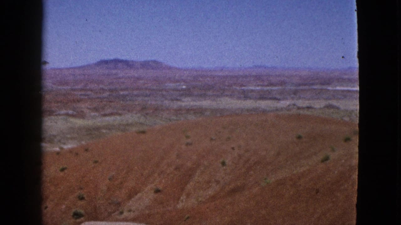 Wide arid desert view with reddish foreground, scattered scrub, distant butte, and blue sky.