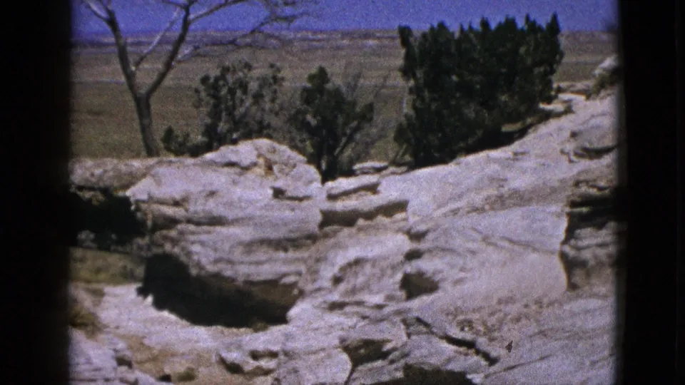 1953 8mm California frame shows pale rocky ground, sparse trees, and distant dry terrain under a blue sky.