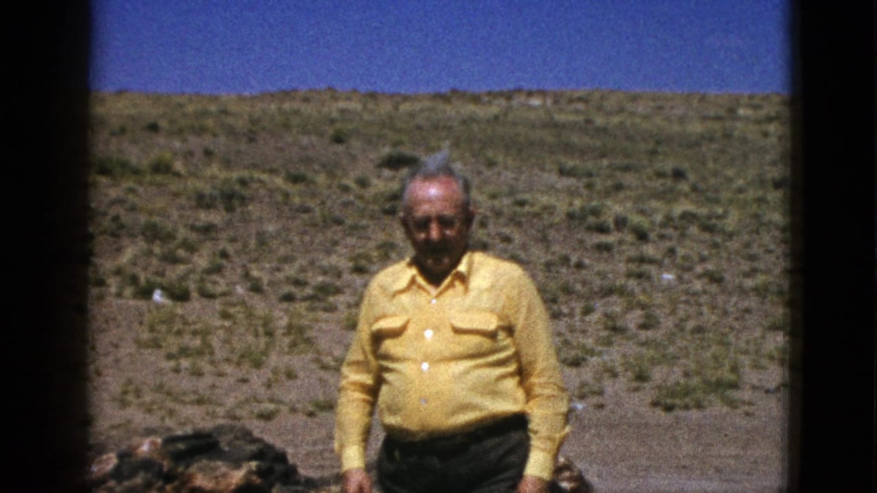 Man in yellow shirt stands centered against sparse desert scrub and sky.
