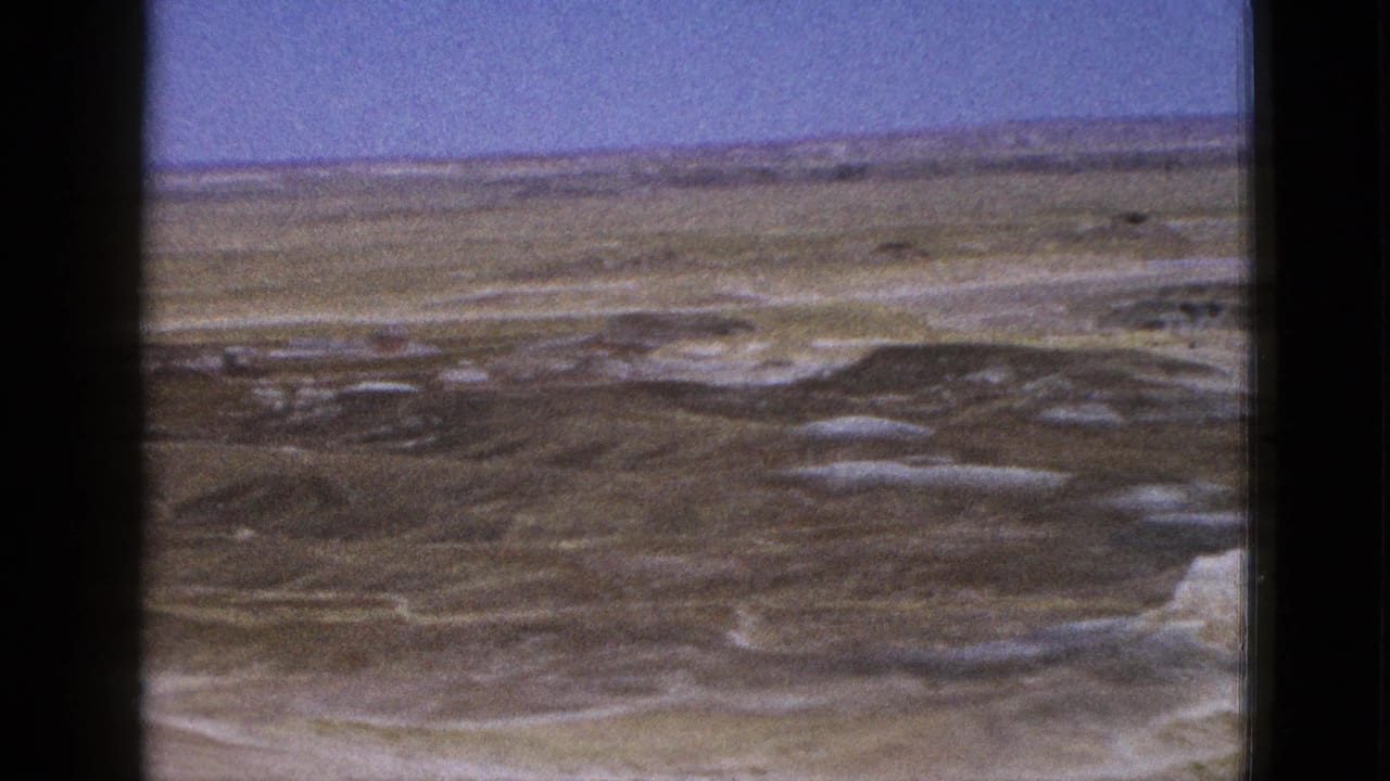 Arid rolling terrain with pale ground patches and a distant horizon.