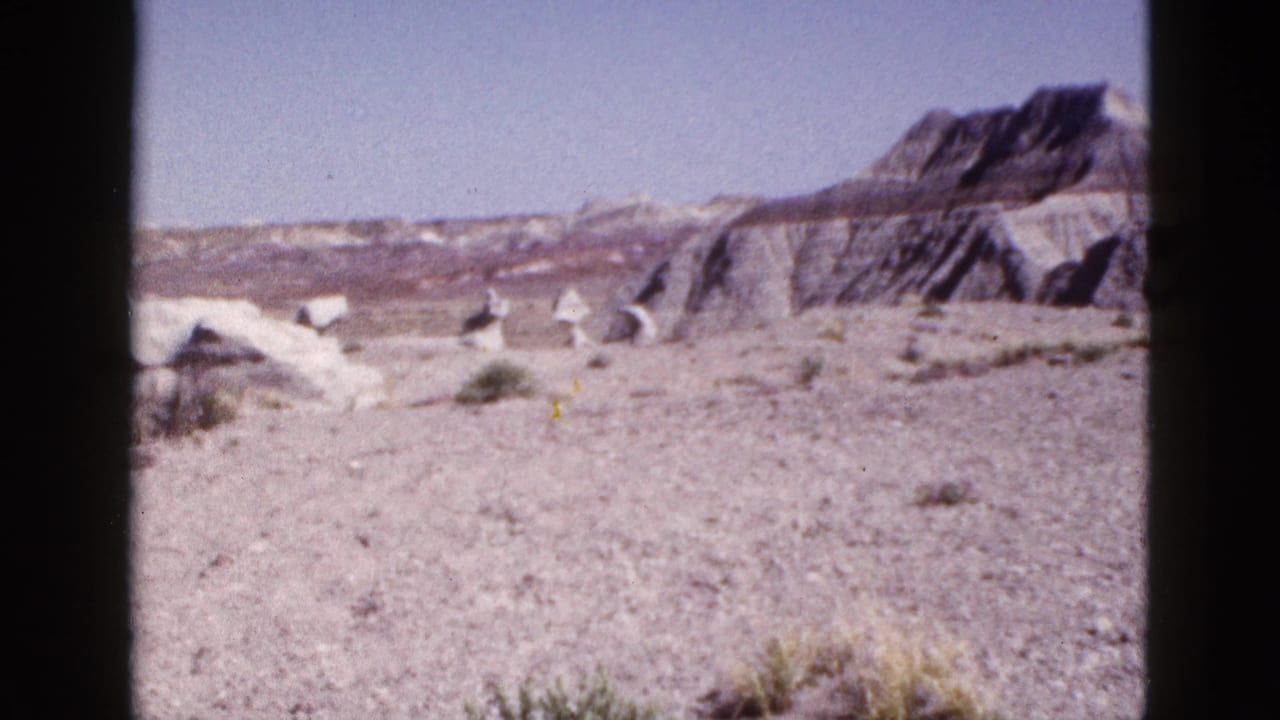 Open desert terrain with eroded white rocks, distant cliffs, and clear blue sky.