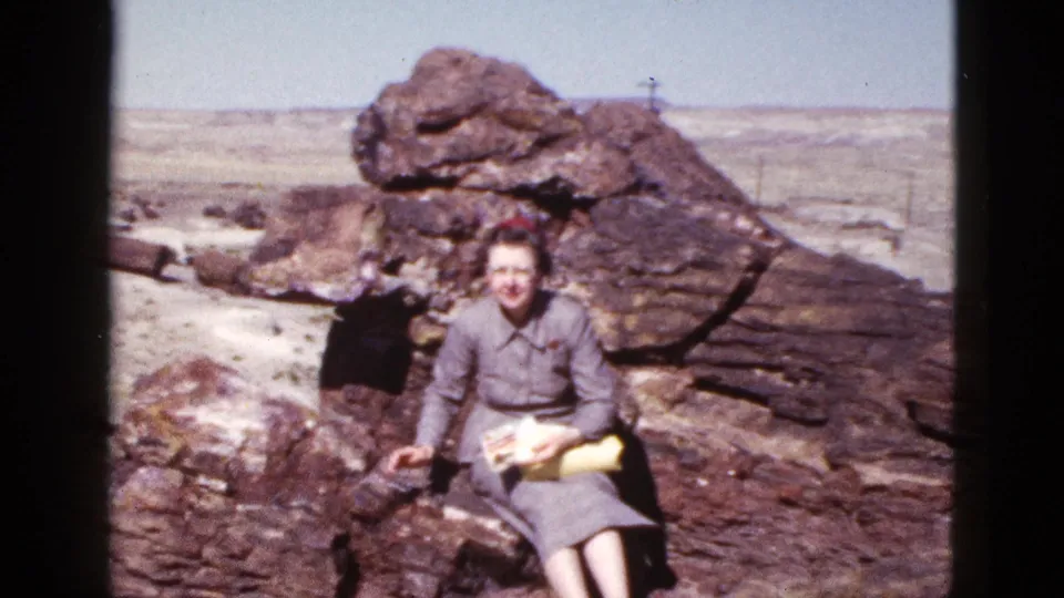 A woman seated on desert rocks faces the camera, with yellow papers visible against her gray dress.