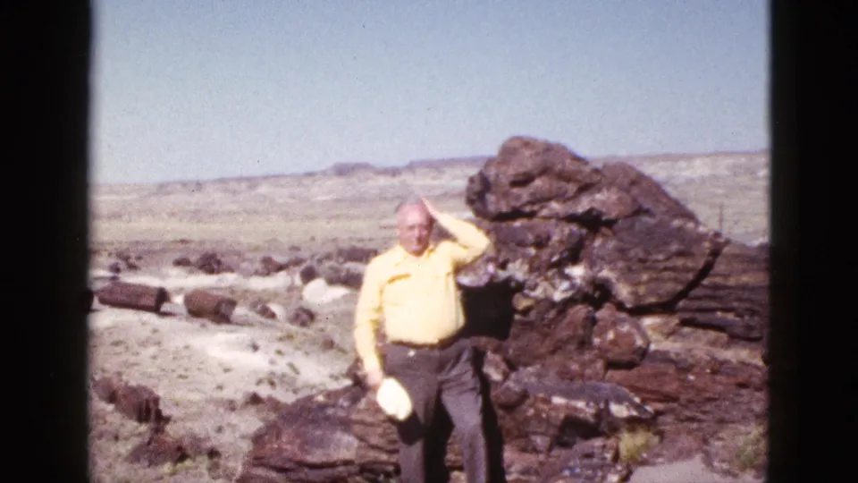 In the vacation scene, the elderly man has removed his cap and touches his head while standing near dark rocks in the Arizona desert.