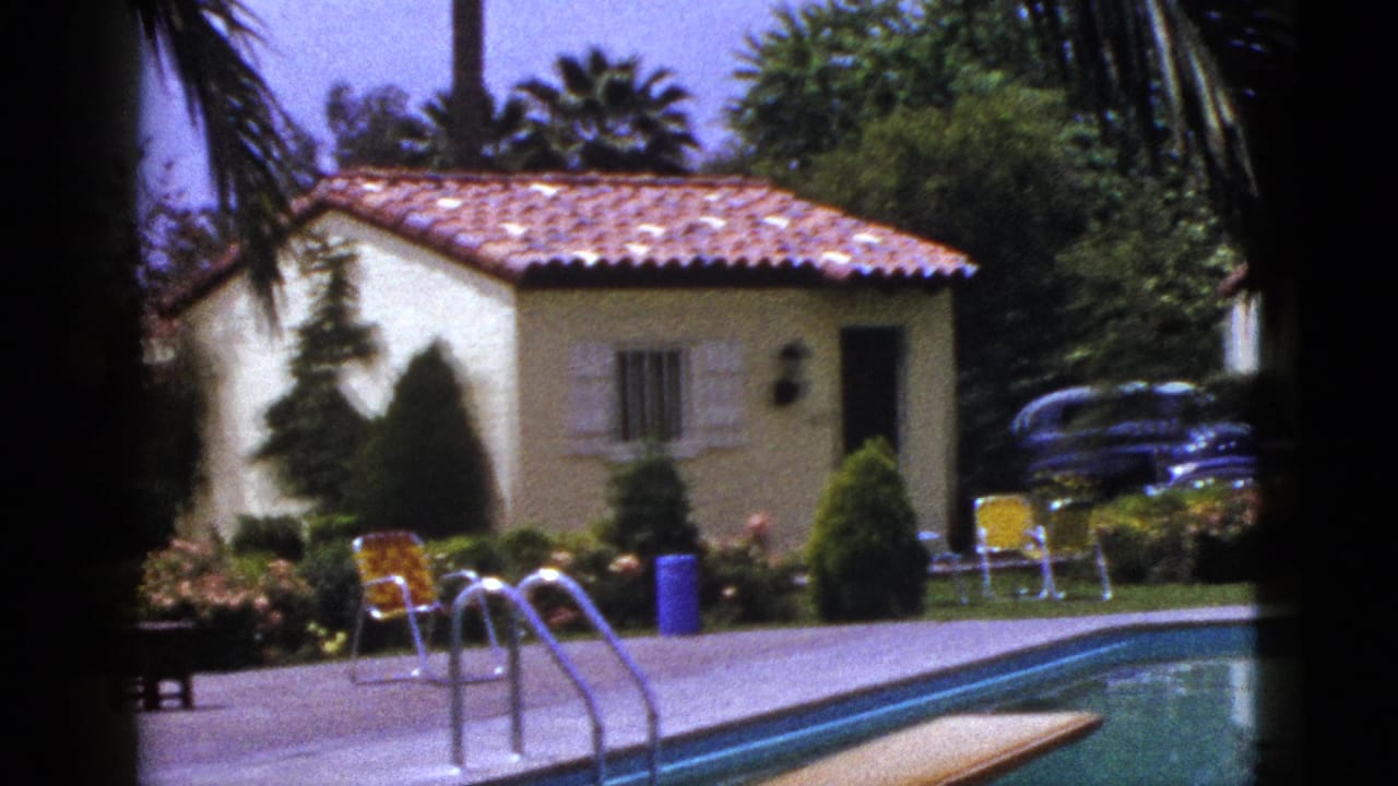Pool edge, metal ladder, diving board, stucco house, lawn chairs, palms, shrubs, and parked car.