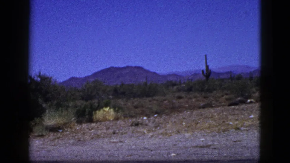 Palm Desert home-movie frame from 1953 showing low scrub, cactus forms, bare desert soil, and distant mountains.