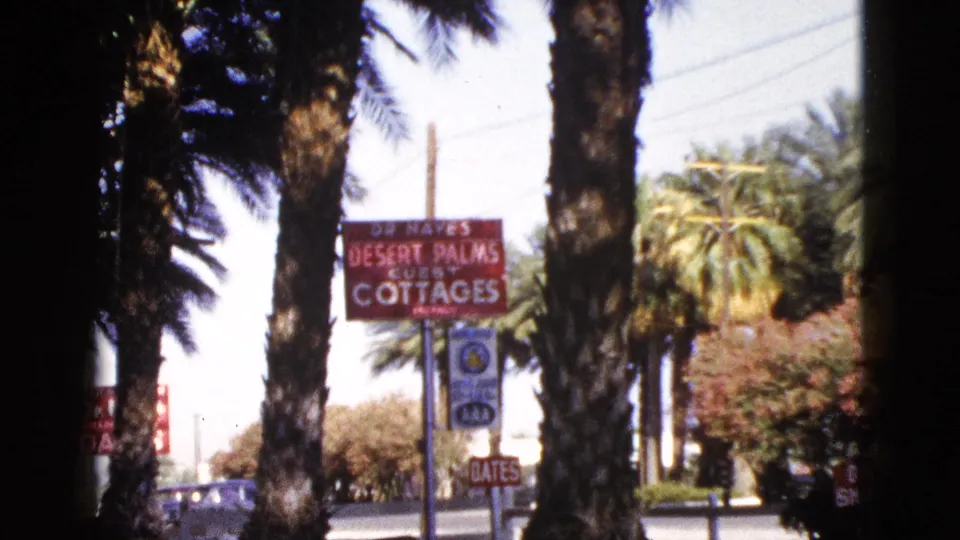 1953 Palm Desert home-movie frame showing the Desert Palms Guest Cottages sign between palm trunks beside a road.