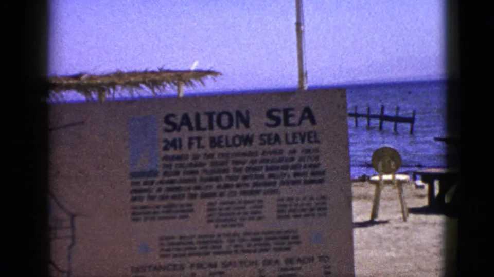 1953 visitor view of a sign reading Salton Sea 241 ft. below sea level, with water, shade, and shore furniture behind it.