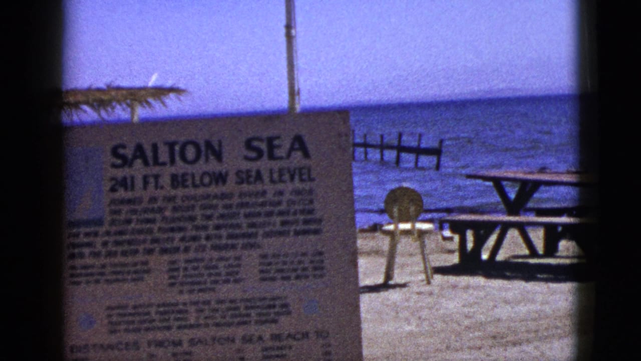 Salton Sea informational sign beside water with a picnic table and thatched shade nearby.