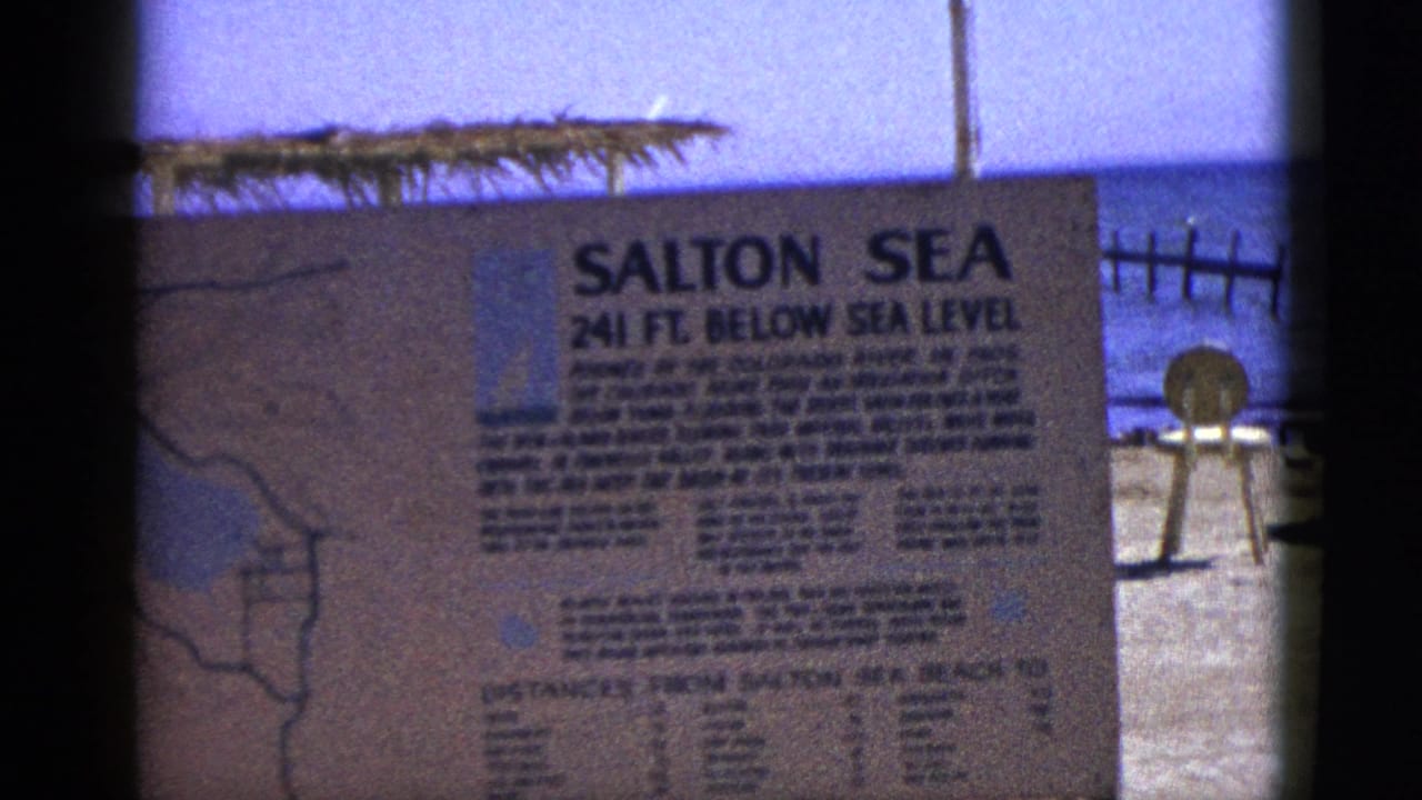 Large Salton Sea sign in front of water with a small round sign and shore posts behind it.