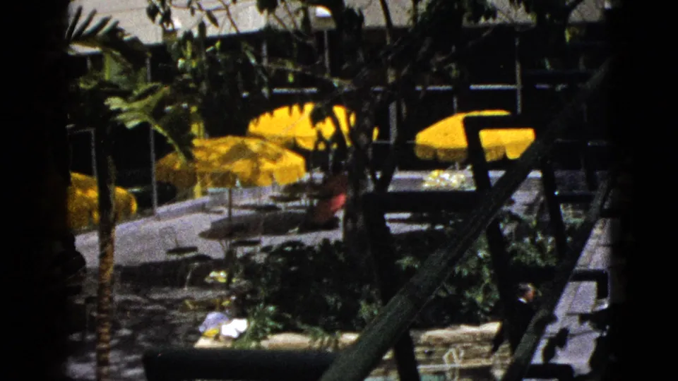 A Palm Springs patio or resort garden area shows yellow umbrellas, palm trees, lounge seating, and deep shadows across the grounds.