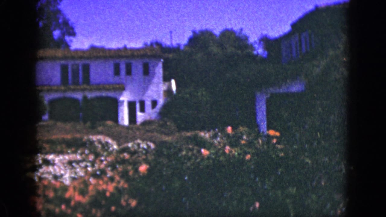 Stucco house and garden beds with shrubs, flowers, and trees.